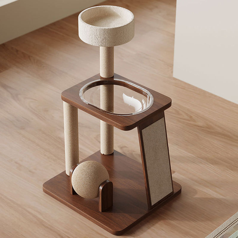 Árbol para gatos contemporáneo escandinavo redondo de madera maciza de caucho acrílico multifuncional para sala de estar 