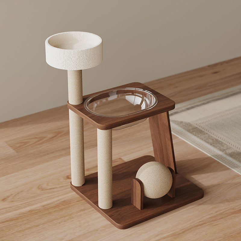 Árbol para gatos contemporáneo escandinavo redondo de madera maciza de caucho acrílico multifuncional para sala de estar 