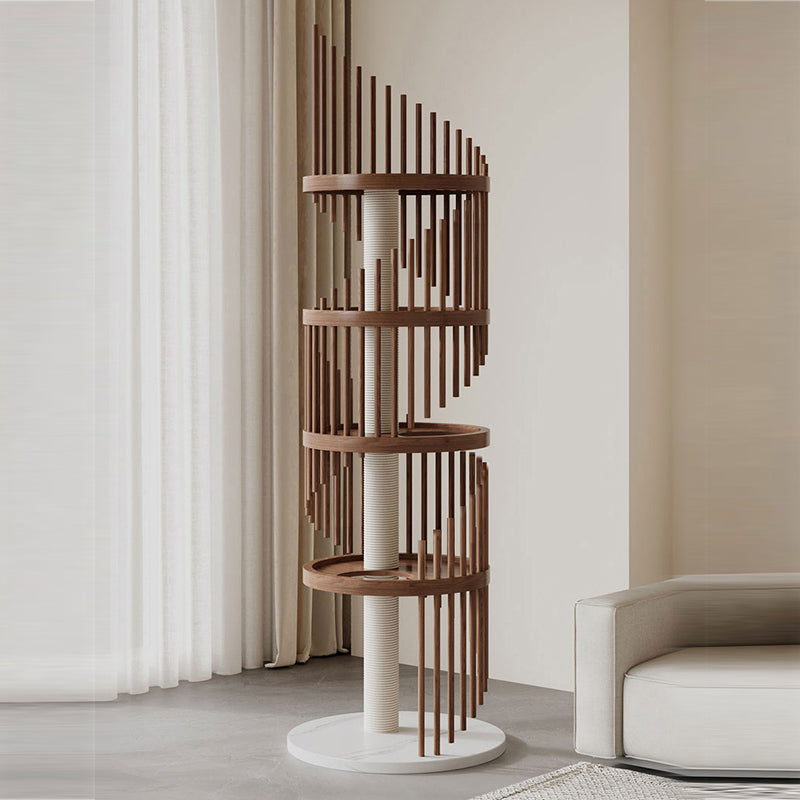 Modern Art Deco Round Rubberwood Pine Ash Stone Slab Spiral Cat Tree 3/4/5-Tier For Living Room