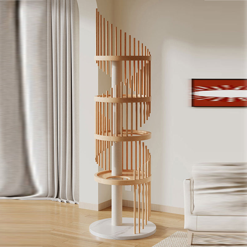 Modern Art Deco Round Rubberwood Pine Ash Stone Slab Spiral Cat Tree 3/4/5-Tier For Living Room