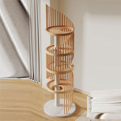 Modern Art Deco Round Rubberwood Pine Ash Stone Slab Spiral Cat Tree 3/4/5-Tier For Living Room