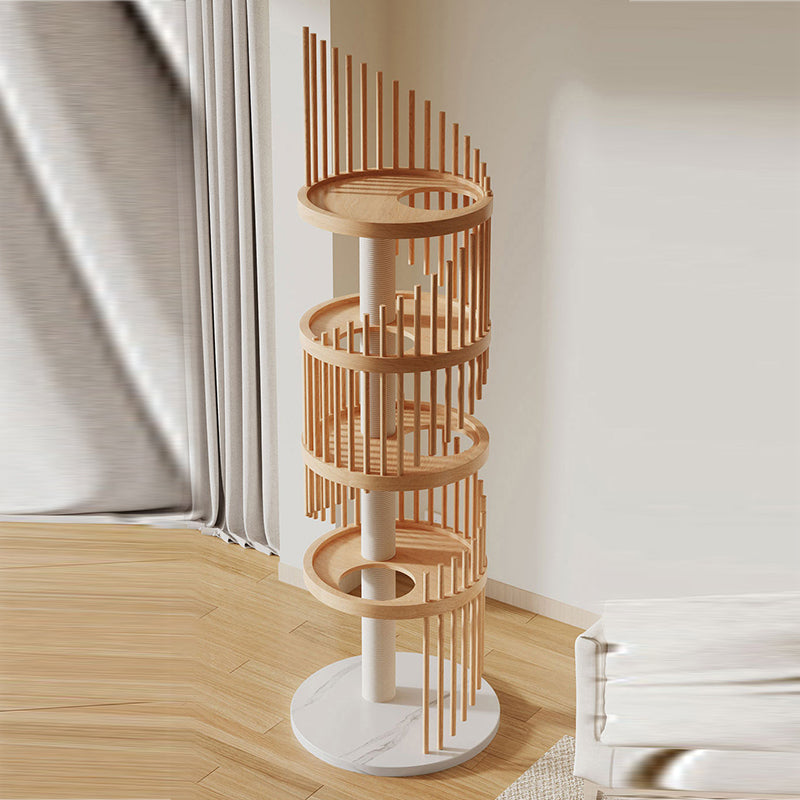Modern Art Deco Round Rubberwood Pine Ash Stone Slab Spiral Cat Tree 3/4/5-Tier For Living Room