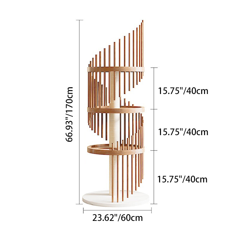 Modern Art Deco Round Rubberwood Pine Ash Stone Slab Spiral Cat Tree 3/4/5-Tier For Living Room