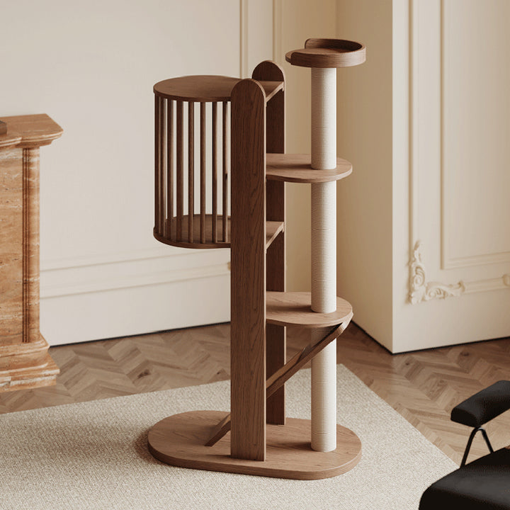 Traditional Vintage Cylinder Rubberwood Sisal Multi-Functional Cat Tree For Living Room