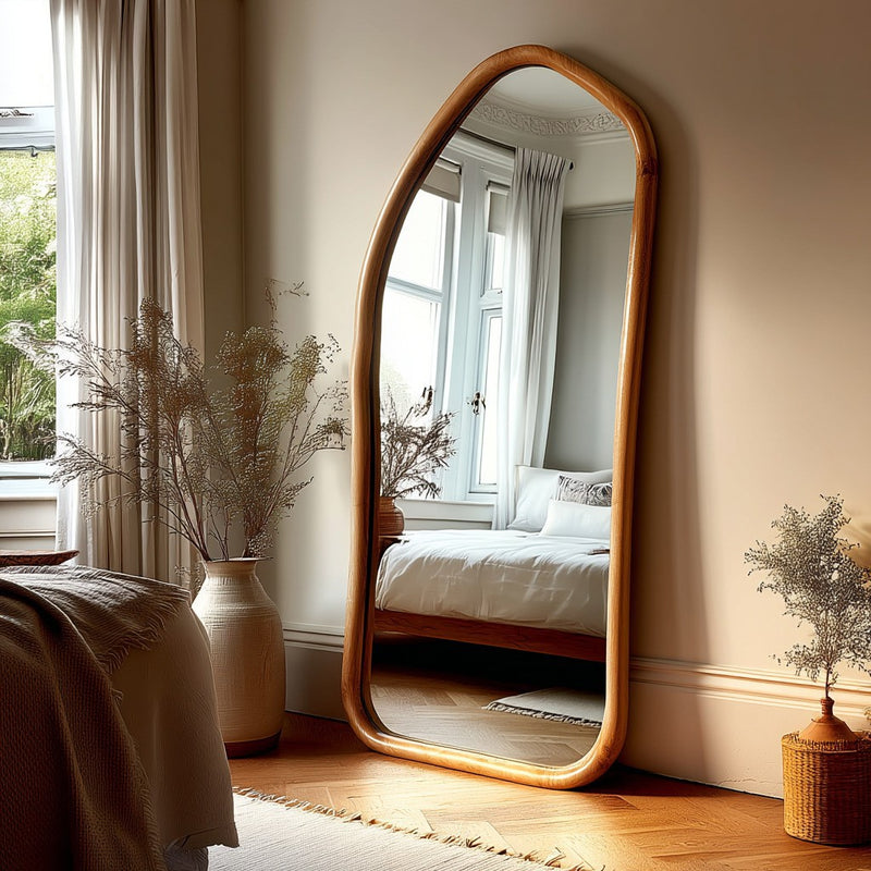 Traditional Vintage Irregular Shape Pine Wood Tempered Glass Full-Length Mirror For Living Room