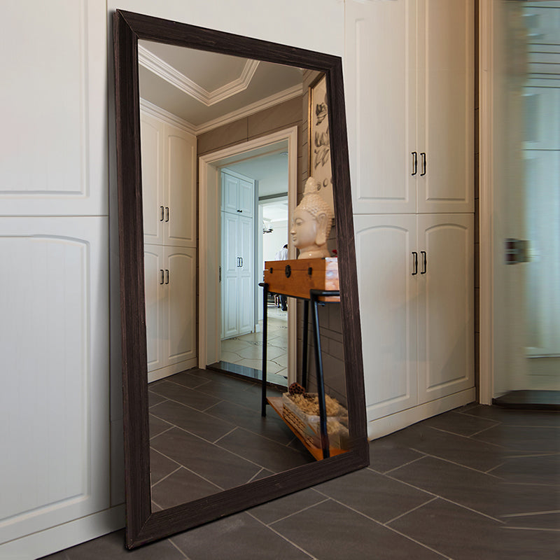 Traditional Rustic Rectangular Distressed Finish Fir Wood Tempered Glass Full-Length Mirror For Bedroom