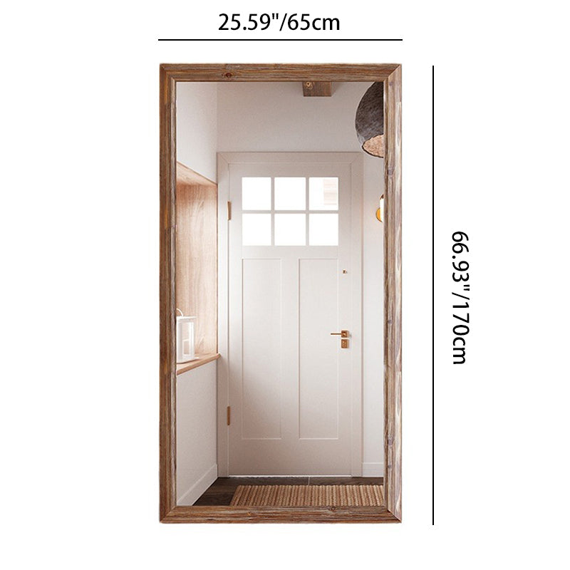 Traditional Rustic Rectangular Distressed Finish Fir Wood Tempered Glass Full-Length Mirror For Bedroom