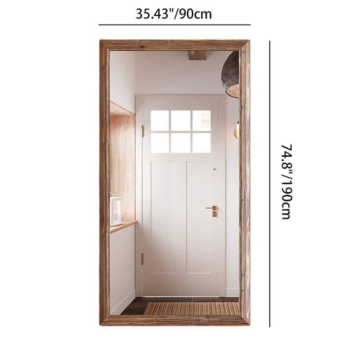 Traditional Rustic Rectangular Distressed Finish Fir Wood Tempered Glass Full-Length Mirror For Bedroom