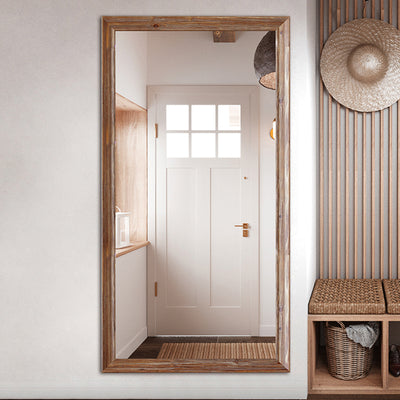 Traditional Rustic Rectangular Distressed Finish Fir Wood Tempered Glass Full-Length Mirror For Bedroom