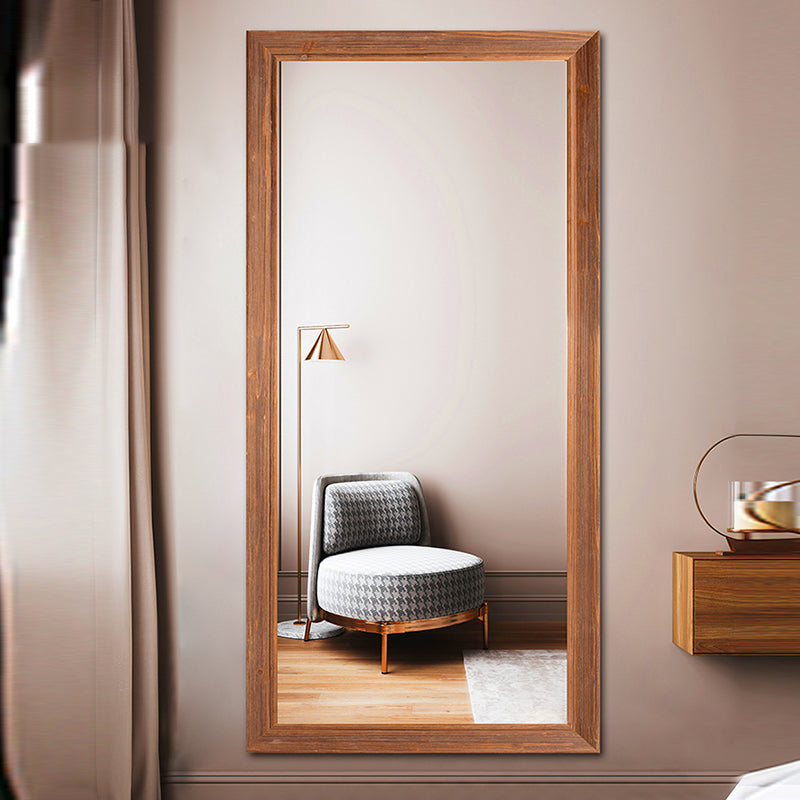 Traditional Rustic Rectangular Distressed Finish Fir Wood Tempered Glass Full-Length Mirror For Bedroom