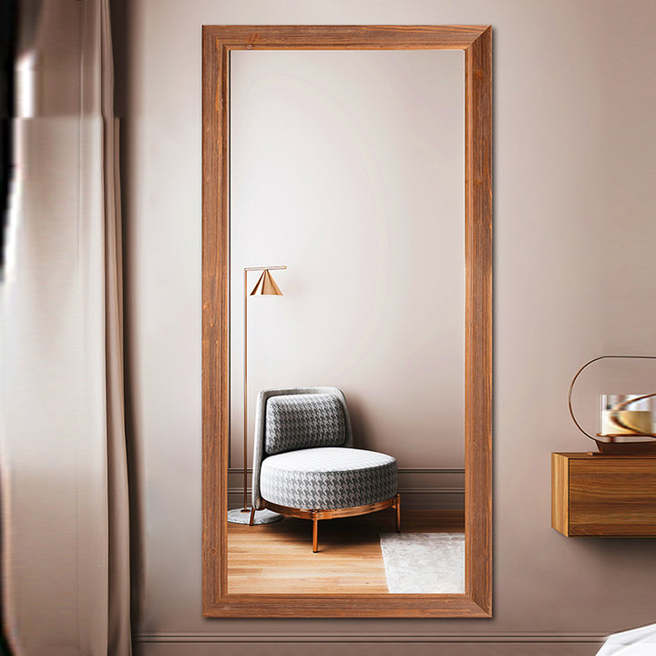 Traditional Rustic Rectangular Distressed Finish Fir Wood Tempered Glass Full-Length Mirror For Bedroom