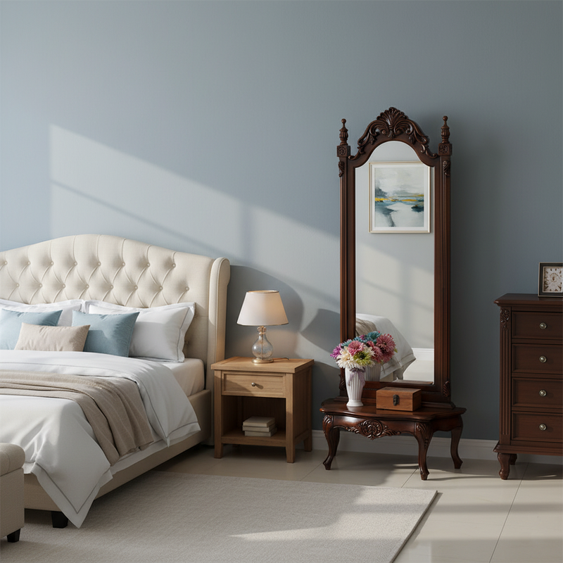 Traditional European Rectangular Magnificent Catalpa Wood Medium-Density Fiberboard Tempered Glass Carved Full-Length Mirror For Bedroom