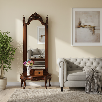 Traditional European Rectangular Magnificent Catalpa Wood Medium-Density Fiberboard Tempered Glass Carved Full-Length Mirror For Bedroom