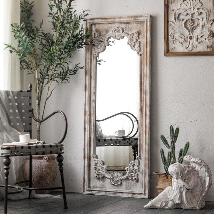 Traditioneller Vintage rechteckiger Wabi-Sabi Spiegel aus Tannenholz und Glas in voller Länge für Eingangsbereiche 