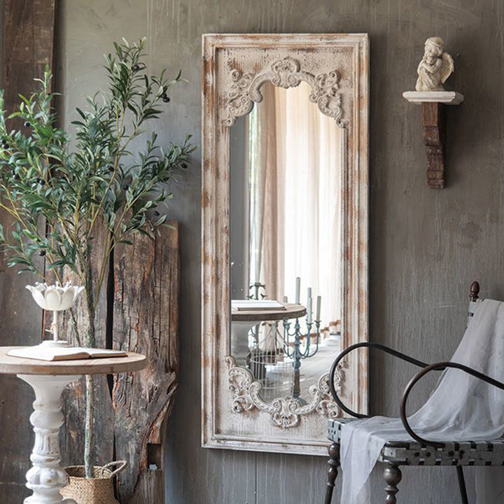 Traditioneller Vintage rechteckiger Wabi-Sabi Spiegel aus Tannenholz und Glas in voller Länge für Eingangsbereiche 
