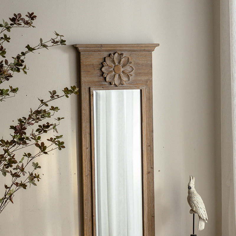 Traditional Vintage Rectangular Distressed Finish Glass Fir Wood Carved Flower Accent Full-Length Mirror For Bedroom