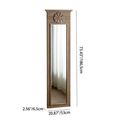 Traditional Vintage Rectangular Distressed Finish Glass Fir Wood Carved Flower Accent Full-Length Mirror For Bedroom