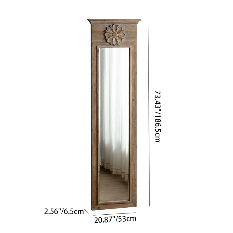 Traditional Vintage Rectangular Distressed Finish Glass Fir Wood Carved Flower Accent Full-Length Mirror For Bedroom