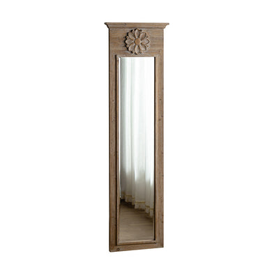 Traditional Vintage Rectangular Distressed Finish Glass Fir Wood Carved Flower Accent Full-Length Mirror For Bedroom