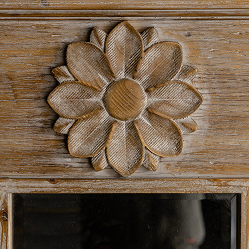Traditional Vintage Rectangular Distressed Finish Glass Fir Wood Carved Flower Accent Full-Length Mirror For Bedroom