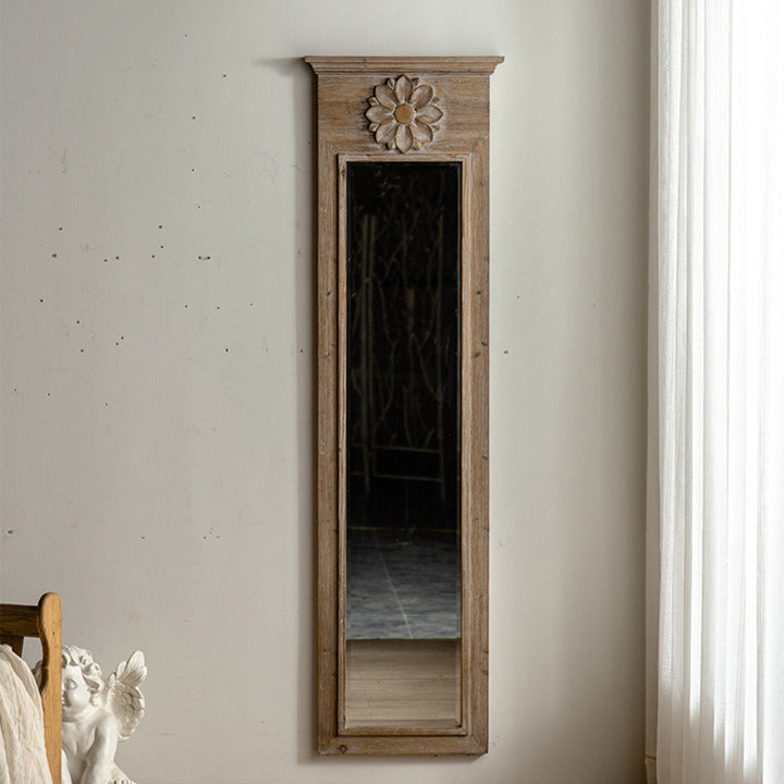 Miroir pleine longueur traditionnel vintage rectangulaire en verre avec finition vieillie et cadre en bois de sapin sculpté de fleurs pour chambre à coucher 