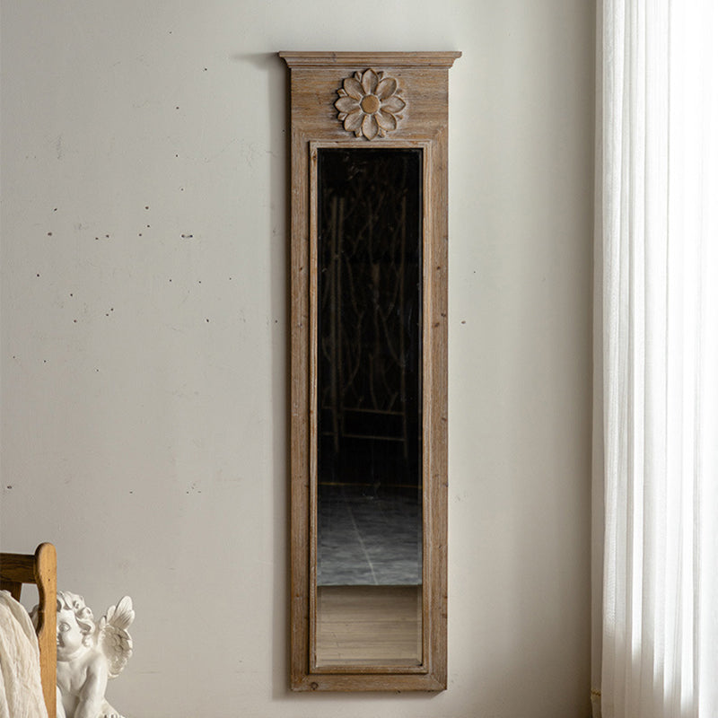 Traditional Vintage Rectangular Distressed Finish Glass Fir Wood Carved Flower Accent Full-Length Mirror For Bedroom
