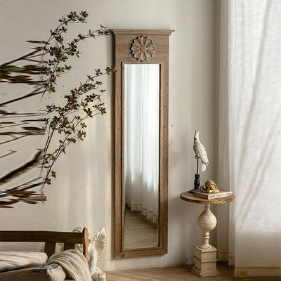 Traditional Vintage Rectangular Distressed Finish Glass Fir Wood Carved Flower Accent Full-Length Mirror For Bedroom
