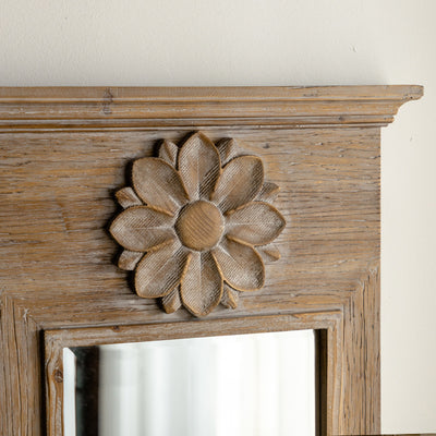 Traditional Vintage Rectangular Distressed Finish Glass Fir Wood Carved Flower Accent Full-Length Mirror For Bedroom