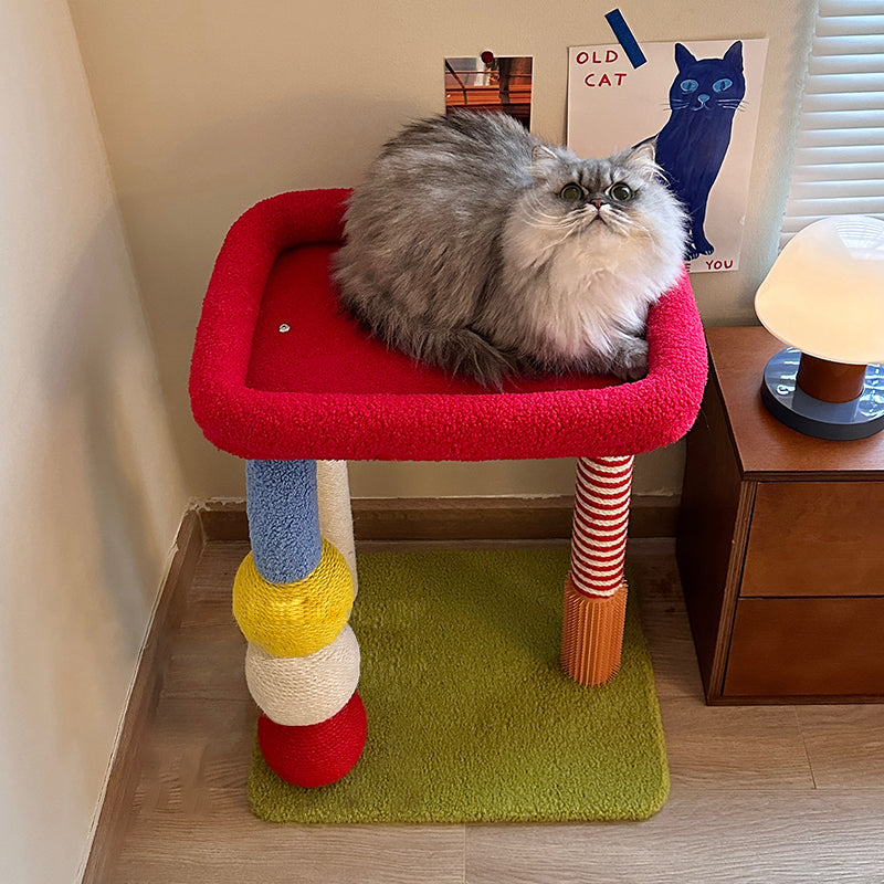 Arbre à chat multifonctionnel coloré en sisal, tissu velours et panneau de fibres de bois à densité moyenne, carré, contemporain, pour salon 