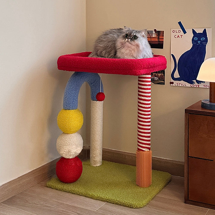Arbre à chat multifonctionnel coloré en sisal, tissu velours et panneau de fibres de bois à densité moyenne, carré, contemporain, pour salon 
