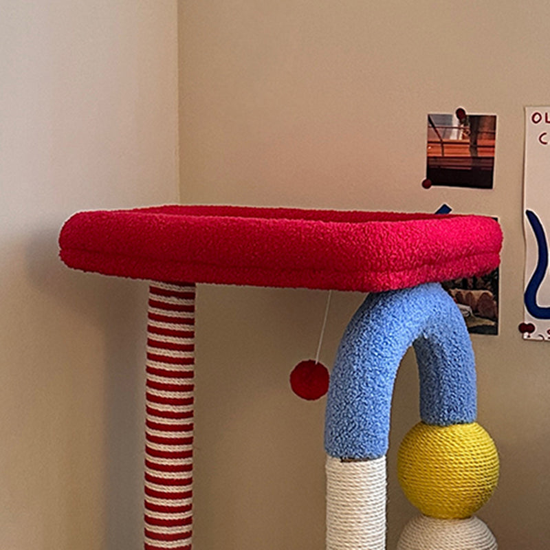 Arbre à chat multifonctionnel coloré en sisal, tissu velours et panneau de fibres de bois à densité moyenne, carré, contemporain, pour salon 