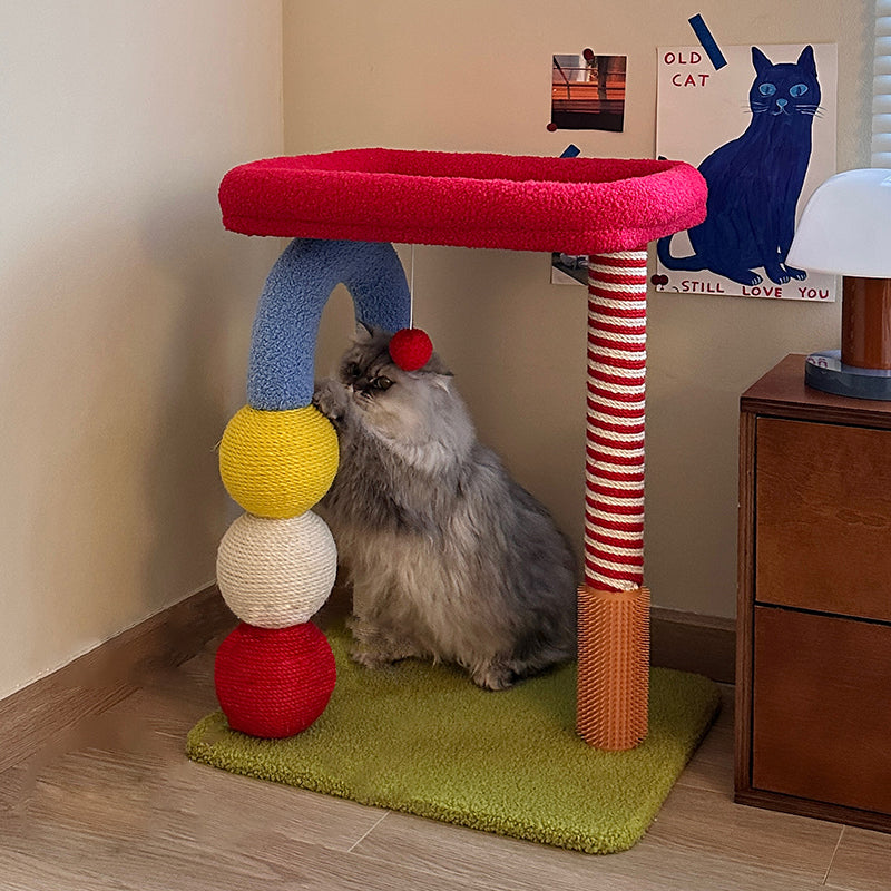 Arbre à chat multifonctionnel coloré en sisal, tissu velours et panneau de fibres de bois à densité moyenne, carré, contemporain, pour salon 
