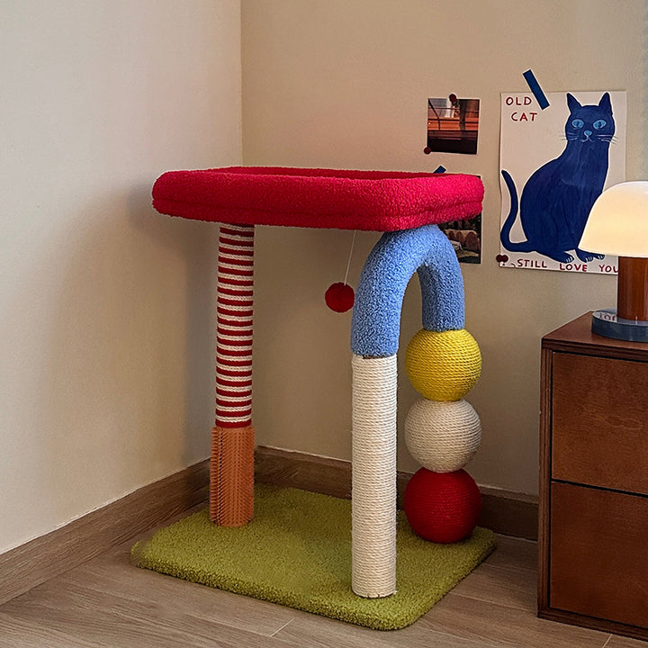 Árbol para gatos contemporáneo y creativo de tablero de fibra de densidad media, tela de terciopelo, sisal, multifuncional y colorido para sala de estar 