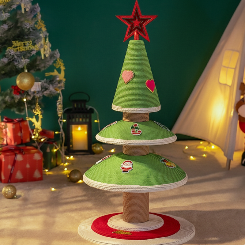 Contemporary Creative Tree-Shaped Medium-Density Fiberboard Velvet Fabric Sisal Multi-Functional Christmas Tree Cat Tree For Living Room