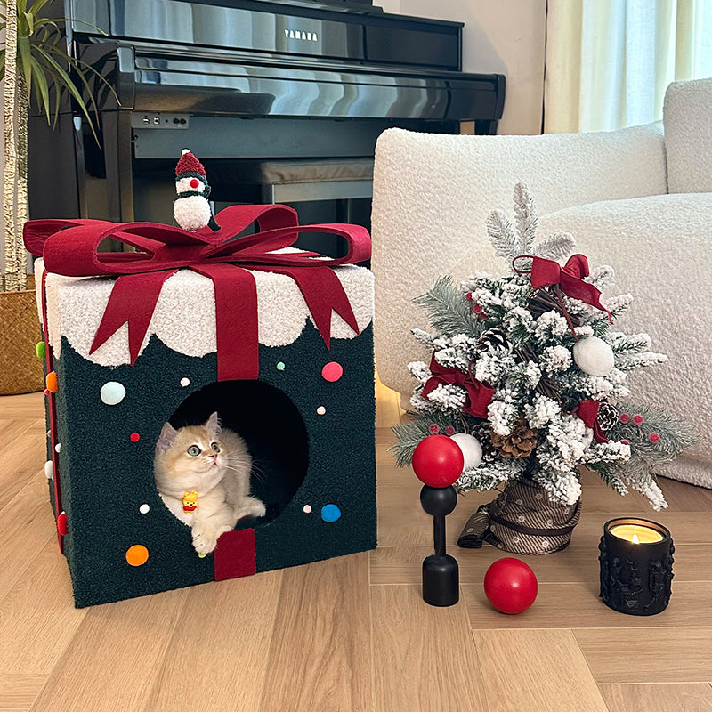 Contemporary Creative Square Cylindrical Medium-Density Fiberboard Velvet Fabric Stainless Steel Christmas Cat Bed For Living Room