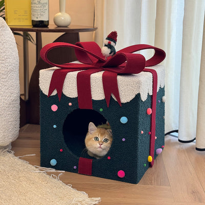 Contemporary Creative Square Cylindrical Medium-Density Fiberboard Velvet Fabric Stainless Steel Christmas Cat Bed For Living Room