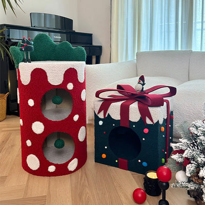 Contemporary Creative Square Cylindrical Medium-Density Fiberboard Velvet Fabric Stainless Steel Christmas Cat Bed For Living Room