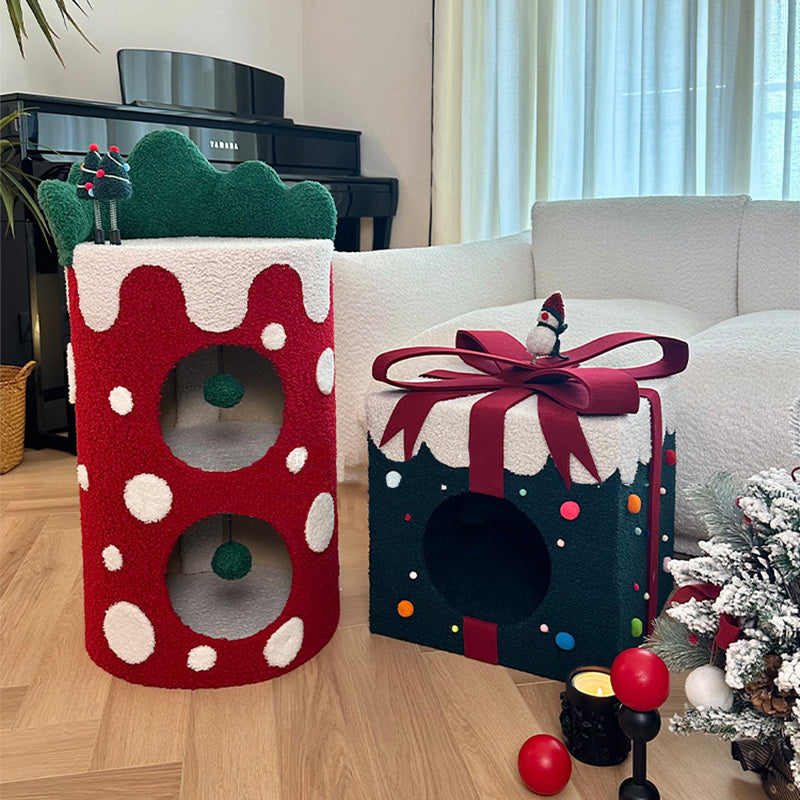 Contemporary Creative Square Cylindrical Medium-Density Fiberboard Velvet Fabric Stainless Steel Christmas Cat Bed For Living Room