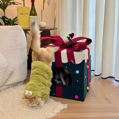 Contemporary Creative Square Cylindrical Medium-Density Fiberboard Velvet Fabric Stainless Steel Christmas Cat Bed For Living Room