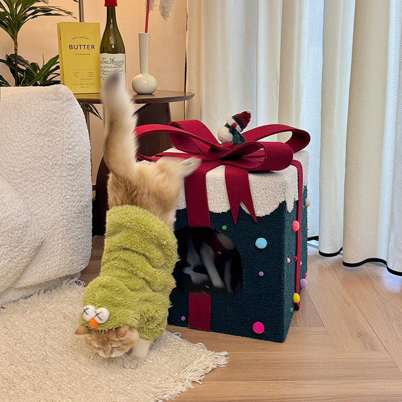 Contemporary Creative Square Cylindrical Medium-Density Fiberboard Velvet Fabric Stainless Steel Christmas Cat Bed For Living Room