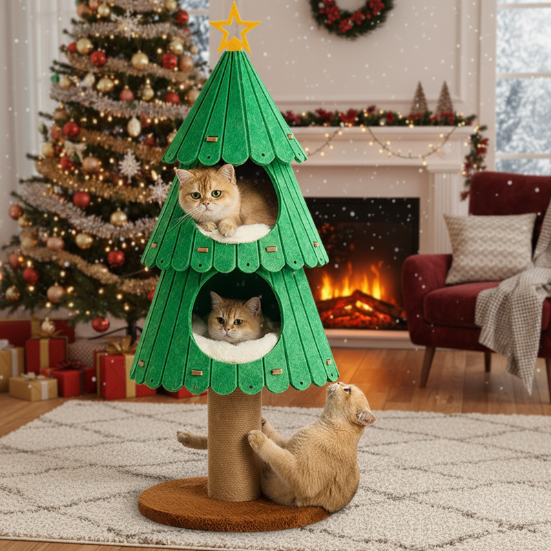 Contemporary Creative Tree-Shaped Medium-Density Fiberboard Felt Velvet Fabric Sisal Christmas Cat Tree For Living Room