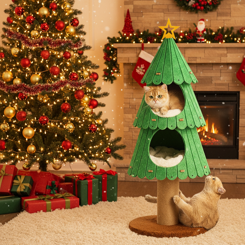Contemporary Creative Tree-Shaped Medium-Density Fiberboard Felt Velvet Fabric Sisal Christmas Cat Tree For Living Room