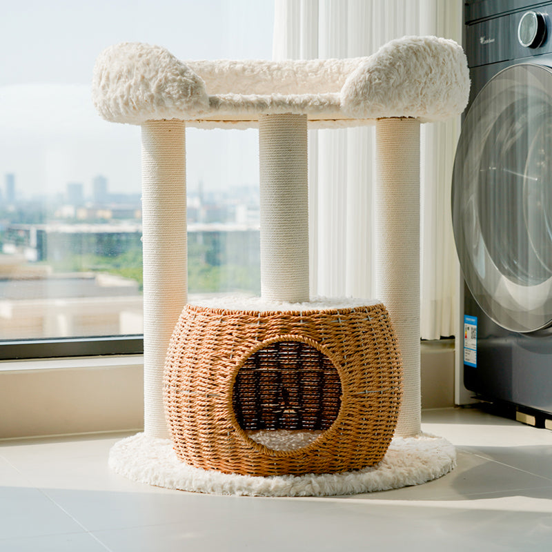 Contemporary Scandinavian Round Medium-Density Fiberboard Velvet Fabric Sisal Multi-Functional Cat Tree For Living Room