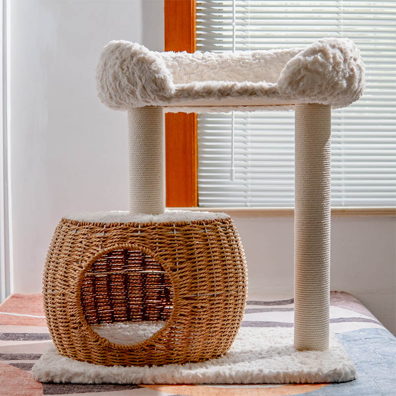 Contemporary Scandinavian Round Medium-Density Fiberboard Velvet Fabric Sisal Multi-Functional Cat Tree For Living Room