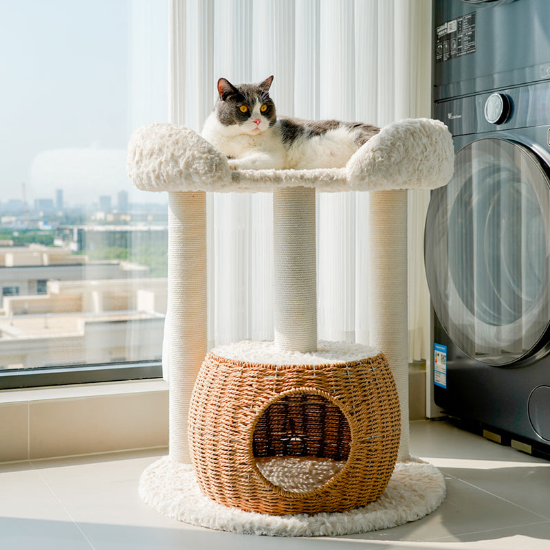 Contemporary Scandinavian Round Medium-Density Fiberboard Velvet Fabric Sisal Multi-Functional Cat Tree For Living Room
