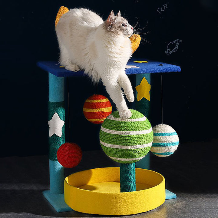 Árbol para gatos contemporáneo y creativo en forma de luna, de fibra de densidad media, tapizado en terciopelo y sisal, multifuncional para sala de estar 