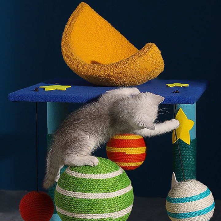 Árbol para gatos contemporáneo y creativo en forma de luna, de fibra de densidad media, tapizado en terciopelo y sisal, multifuncional para sala de estar 