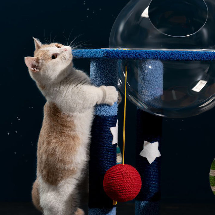 Árbol para gatos contemporáneo y creativo en forma de luna, de fibra de densidad media, tapizado en terciopelo y sisal, multifuncional para sala de estar 