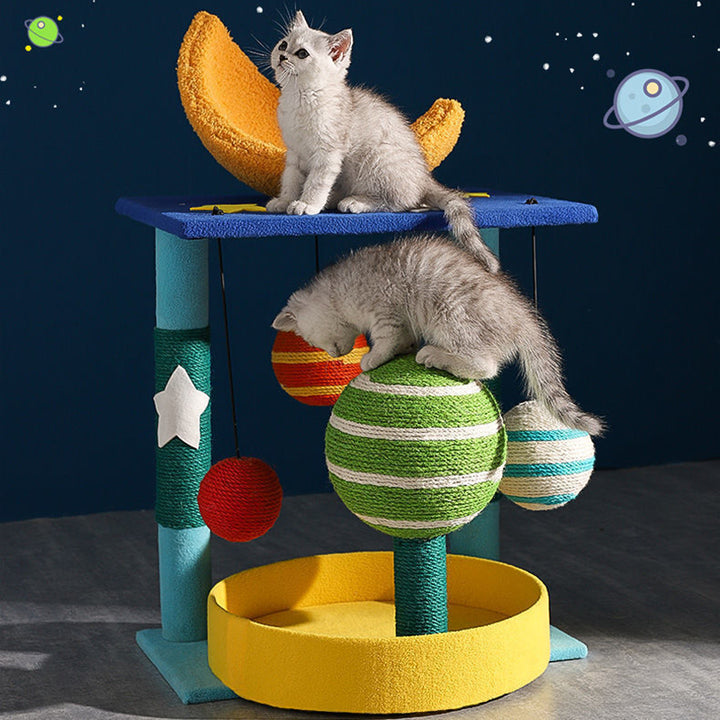Árbol para gatos contemporáneo y creativo en forma de luna, de fibra de densidad media, tapizado en terciopelo y sisal, multifuncional para sala de estar 