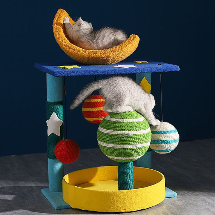 Árbol para gatos contemporáneo y creativo en forma de luna, de fibra de densidad media, tapizado en terciopelo y sisal, multifuncional para sala de estar 